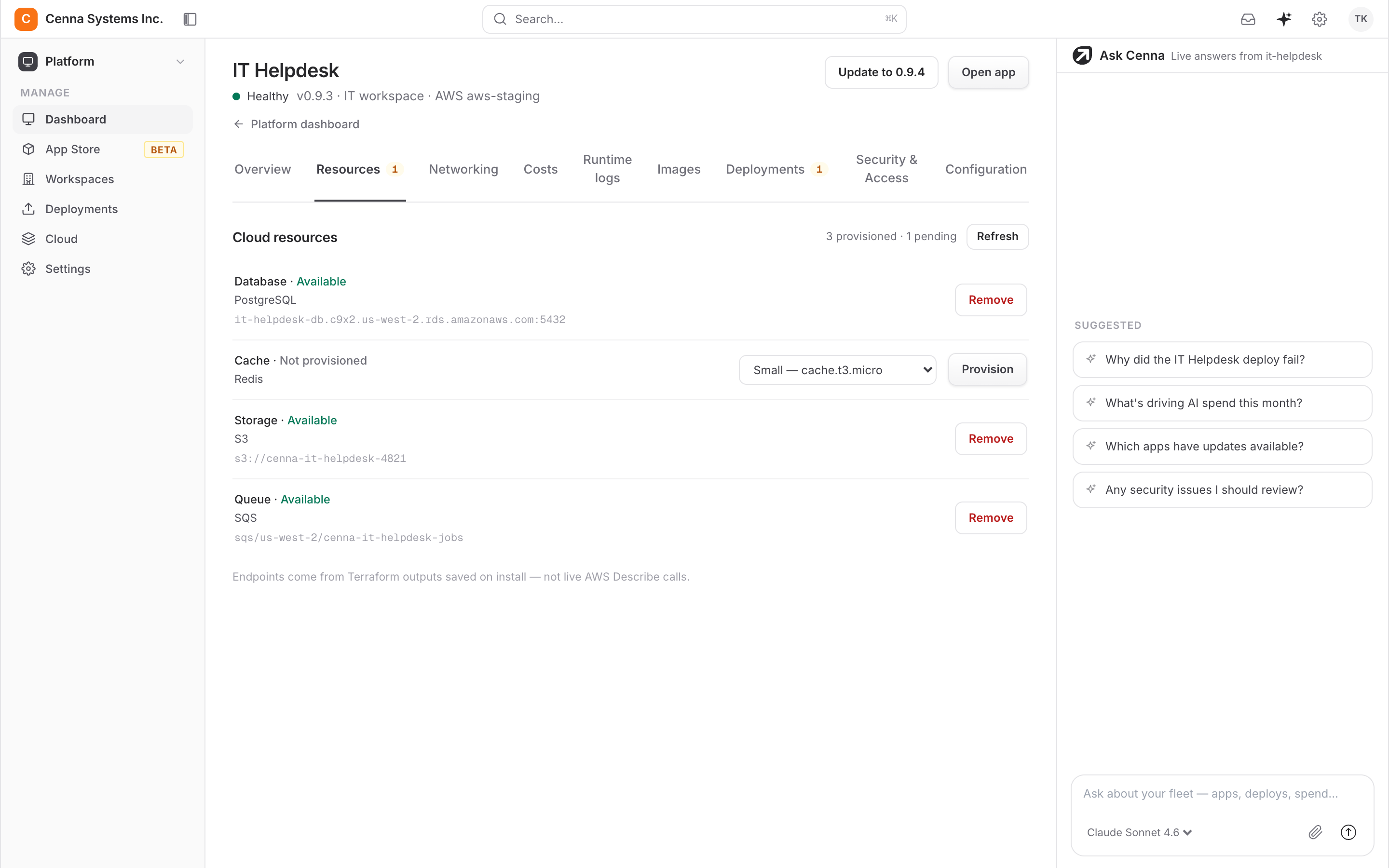 Cenna customer support application surface