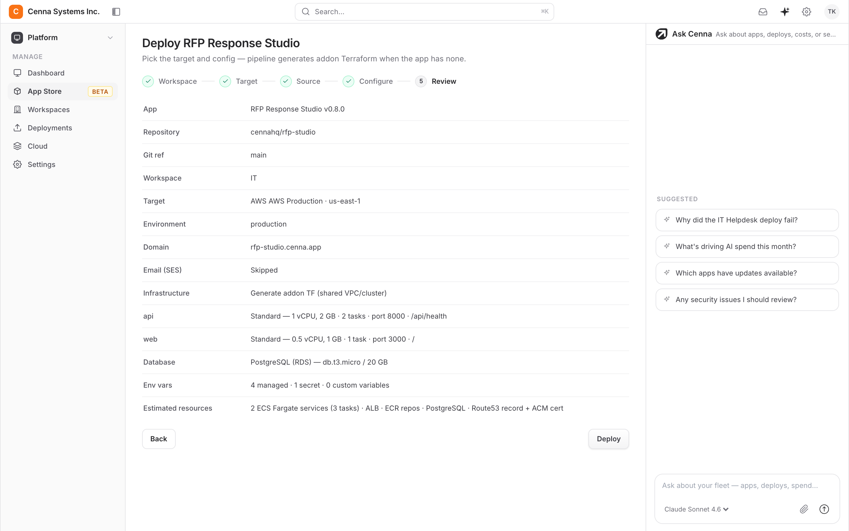 Cenna deploy review for bringing your own application