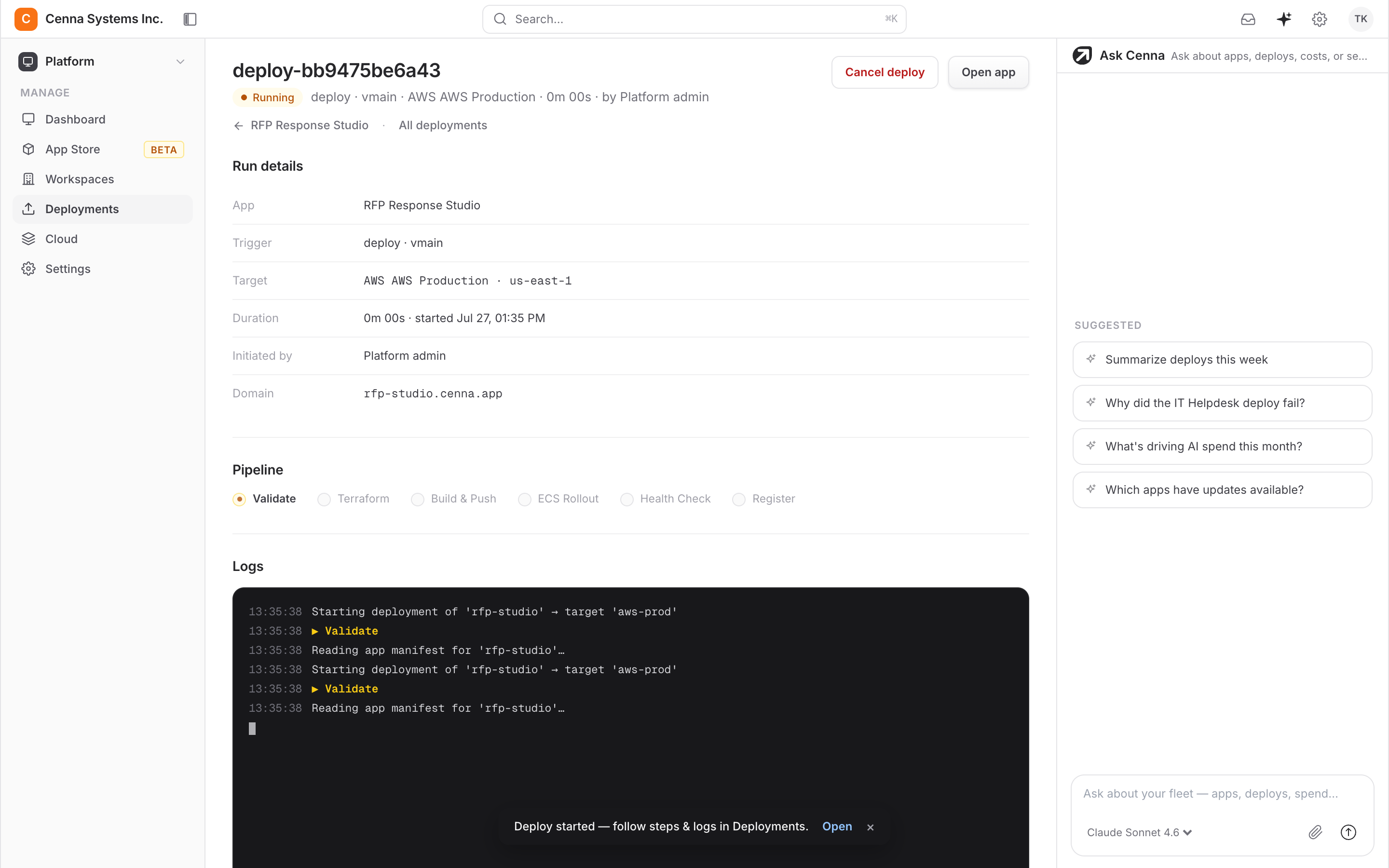 Cenna deployment progress into the customer cloud account
