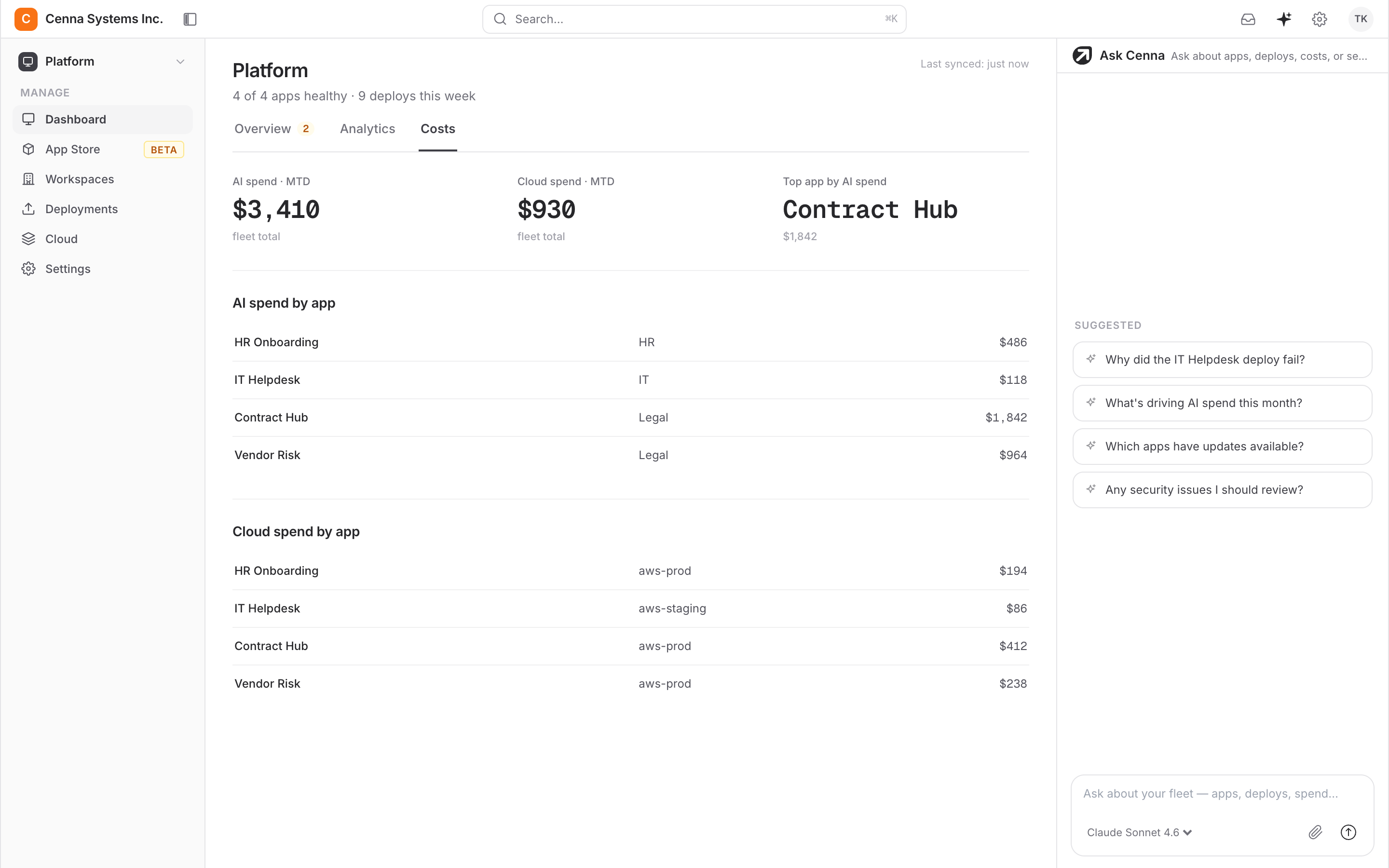 Cenna control plane showing AI spend by app, provider, and model with token counts